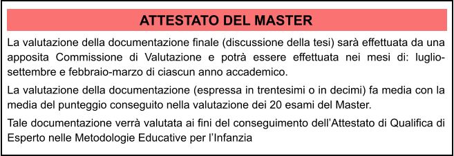 ATTESTATO DEL MASTER La valutazione della documentazione finale (discussione della tesi) sar effettuata da una apposita Commissione di Valutazione e potr essere effettuata nei mesi di: luglio-settembre e febbraio-marzo di ciascun anno accademico.  La valutazione della documentazione (espressa in trentesimi o in decimi) fa media con la media del punteggio conseguito nella valutazione dei 20 esami del Master.  Tale documentazione verr valutata ai fini del conseguimento dellAttestato di Qualifica di Esperto nelle Metodologie Educative per lInfanzia