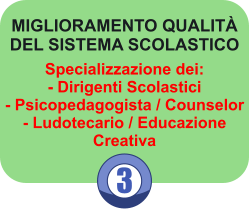 3 MIGLIORAMENTO QUALIT DEL SISTEMA SCOLASTICO Specializzazione dei:- Dirigenti Scolastici- Psicopedagogista / Counselor- Ludotecario / Educazione Creativa